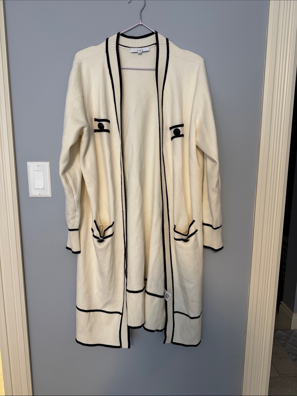 cleo Cream Long Open-Front Cardigan with Black Trim